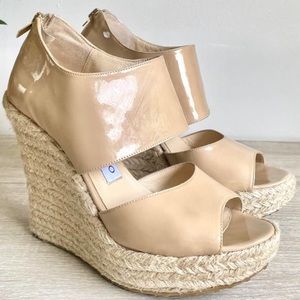 Jimmy Choo Beige Patent Leather Patriot Wedge Espadrille Sandals